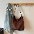Brown large capacity hobo tote bag in suede and leather for stylish daily commuting - Coffee