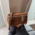 Brown faux suede crossbody bag with vintage robot charm and adjustable strap - Brown