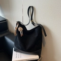 Black large capacity tote bag with matte texture and cute plush charm detail - Black (with Pendant)
