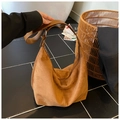 Brown faux suede large tote bag with smooth leather shoulder straps and metal hardware - Brown
