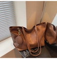 Minimalist retro dark brown tote bag with matching round coin purse charm and shoulder strap - Brown