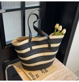 Detail of striped woven tote bag with sturdy black shoulder straps and interior lining - Black and White