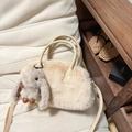 Chic beige faux fur handbag featuring a cute long-eared rabbit charm and shoulder strap - Khaki (With Pendant)