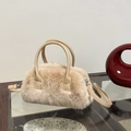 Chic beige faux fur handbag with leather handles and detachable crossbody strap - Khaki