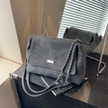 Elegant grey quilted shoulder bag with silver chain strap shown in mirror reflection - Dark Brown