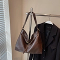 Dark brown large capacity faux leather tote bag with metallic buckle and shoulder straps - No Pendant / Coffee