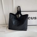 Large black nylon tote bag with gray text print and reinforced handles for daily commute - Black