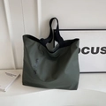 Olive green large capacity nylon tote bag with black strap and artistic lettering print - Green