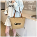 Bolso tote de paja grande para mujer con bordado Summer y asas de cuero marrón - Caqui