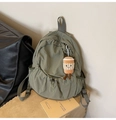 Detailed view of olive green backpack with drawstring closure and plush cup pendant - With Pendant / Bean Green