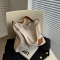 Borsa tote in tela crema con manici in pelle marrone e tracolla larga regolabile - Bianco Sporco