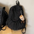 Minimalist large capacity black nylon backpack with drawstring detail and coffee plush charm - With Charm / Black