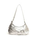 Metallisch silberne Y2K Hobo-Tasche mit dekorativen Schnallenriemen und Ösen in Silber - Silber