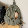 Army green nylon backpack with drawstring closure and cute latte plush charm - With Charm / Green