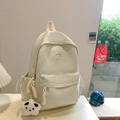 Large capacity cream white school backpack with bear patch and star plush pendant - Large / With Pendant / White
