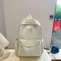 Minimalist beige large capacity backpack with cute bear patch and woven charm - Small / No Pendant / White