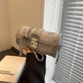 Gray-blue jacquard cylinder bag with silver chain strap and metal M buckle detail - Gray