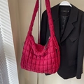 Magenta quilted puffy cloud shoulder bag with stylish square textured nylon fabric - One Size / Red