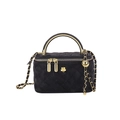Elegant black velvet quilted vanity bag with golden chain strap and camellia metal hardware - Black