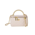 Elegant beige quilted chain bag with gold floral logo and round metal handle for women - Off White