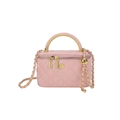 Pink quilted chain crossbody bag with gold camellia charm and leather handle - Pink