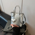 Silver crackle textured mini tote bag with heart charm and thin shoulder straps - Silver Heart Bag / 439 Silver