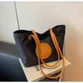 Large black and brown tote bag in nylon and leather with RB logo patch on books - Large / Black and Brown