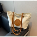 Minimalist cream white tote bag with brown straps and logo patch on leather seat - Large / White and Brown
