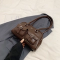 Vintage brown bowling bag with double front pockets and leather finish for women - Coffee without Pendant