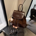 Vintage dark brown mini backpack with oil wax leather and suede stitching detail - Coffee with Pendant