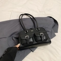 Retro black bowling bag with silver buckles and dual pockets for a stylish urban look - Black without Pendant