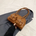 Retro brown leather underarm bowling bag with dual front pockets and silver buckles - Brown No Pendant