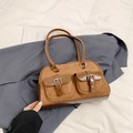 Vintage brown suede bowling bag with double front buckle pockets and sleek leather trim - Frosted Brown without Pendant
