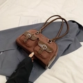 Vintage brown shoulder bag in suede patchwork with double pockets and large capacity - Frosted Coffee without Pendant