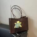 Retro deep brown leather tote bag with long straps and a cute turtle plush pendant - Coffee with Pendant