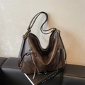 Retro large capacity tote bag in dark brown PU leather with metal zipper details - Brown