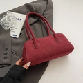 Minimalist burgundy suede underarm bag with white stitching and embossed branding - Red Without Charm