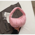 Pink quilted puffer crescent bag with padded hobo design and silver metal zipper - Pink