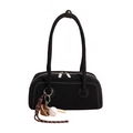 Minimalist black matte shoulder bag with baseball charm and top zipper closure - Black With Pendant