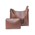 Brown leather tote bag set including large shoulder bag and matching zipper clutch pouch - Dark Brown