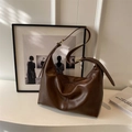 Brown large capacity leather Hobo shoulder bag with gold hardware and adjustable strap - Brown