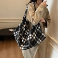 Classic black and white checkered large capacity tote bag with wide shoulder strap style - Black