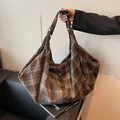 Brown British plaid large capacity tote bag with casual slouchy shoulder strap - Coffee