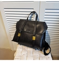 Classic black leather vintage messenger backpack with white stitching and gold buckles - Black
