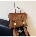 Vintage brown PU leather backpack with gold buckles and adjustable shoulder straps - Brown