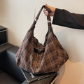 Brown tartan large capacity tote bag with silver metal rings and relaxed slouchy silhouette - Dark Coffee