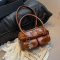Retro caramel brown leather underarm bag with double pockets and heart charm - Without Charm (Coffee)