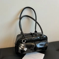 Glossy black leather Boston bag with double pockets and silver heart charm decoration - Without Charm (Black)