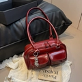 Retro deep red multi-pocket shoulder bag in glossy leather finish with heart charm - No Charm (Red)