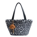 Faux fur leopard print tote bag in black and white with brown puppy plush charm - 25*24*10 / Black With Pendant